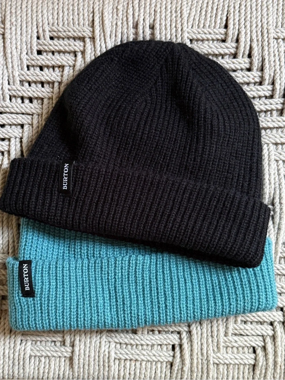 Burton Ribbed Knit Beanie Hat Bundle Black Teal Cuffed Stretch Winter Caps
